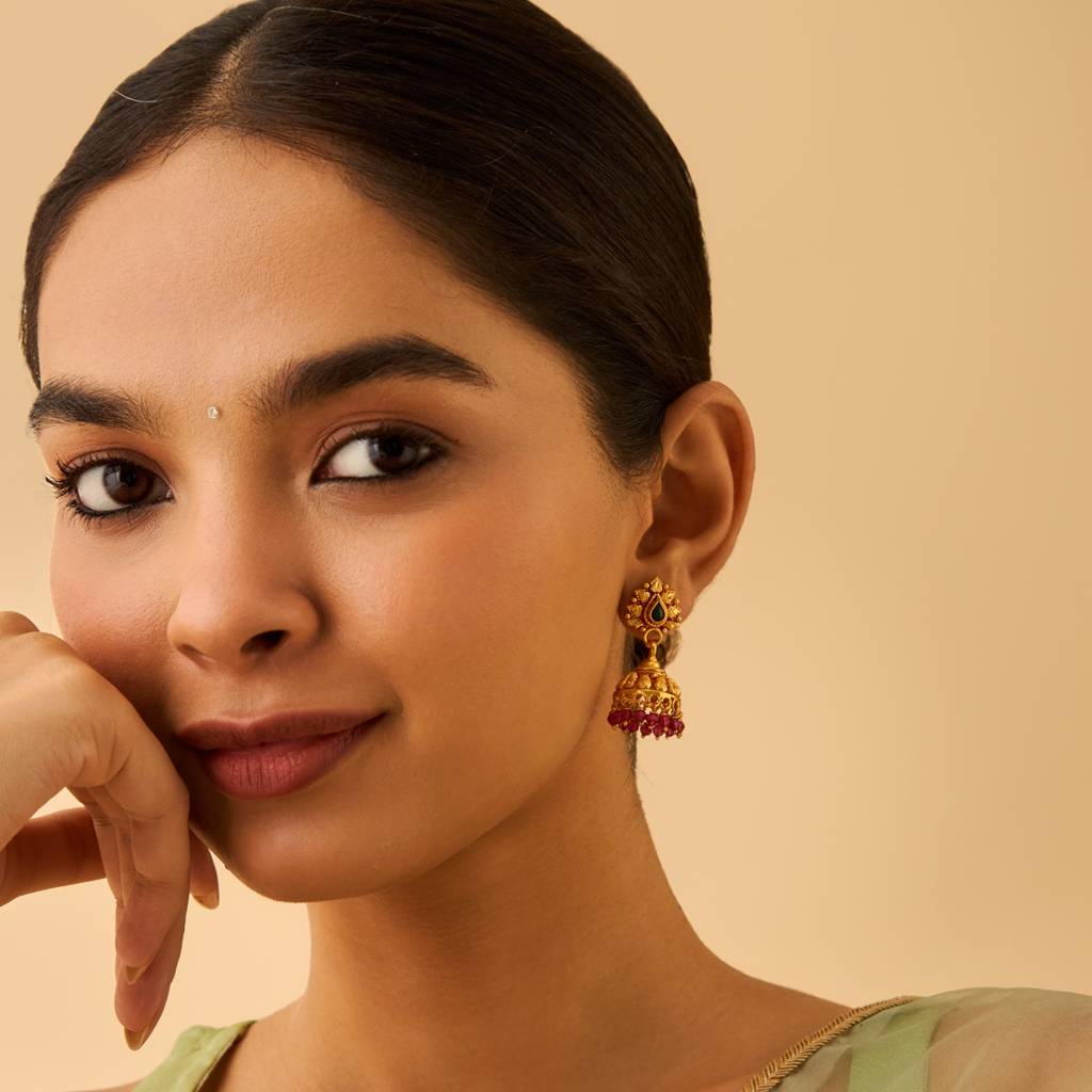 Kushal'S Fashion Jewellery Ruby-Green Gold-Plated Ethnic 92.5 Pure Silver Temple Jhumkas-174157 : 417980