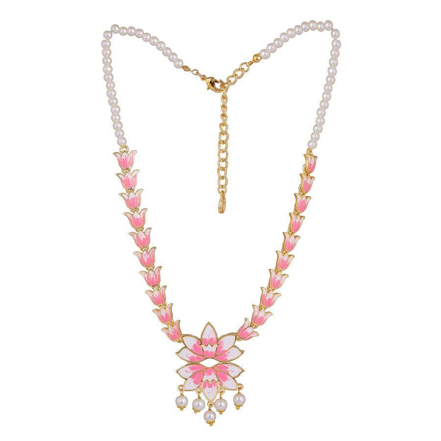 Estele Gold Plated Attractive Lotus Designer Pearl Necklace Set With Pink Enamel For Girl'S & Women : 10198-IGNKER