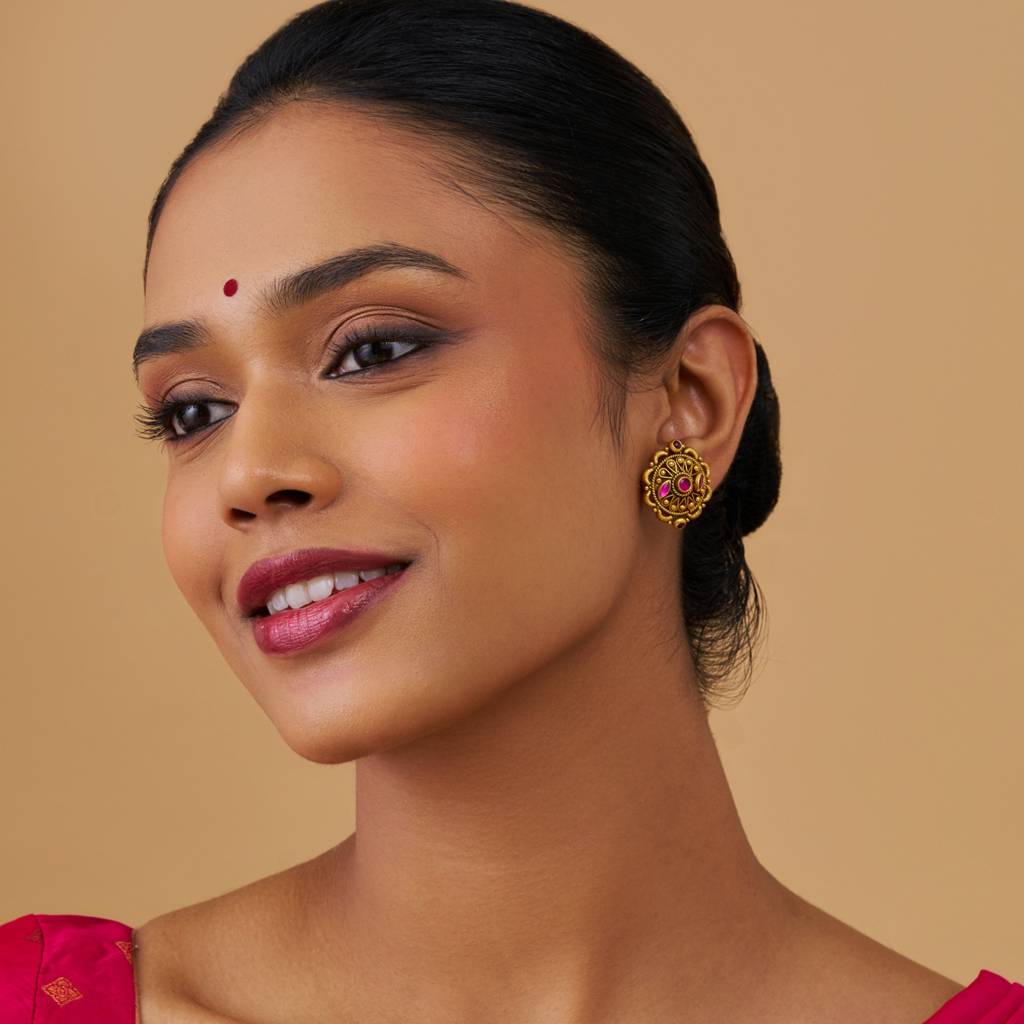 Kushal'S Fashion Jewellery Oxidised Gold-Plated Ethnic 92.5 Pure Silver Temple Studs-177452 : 425386