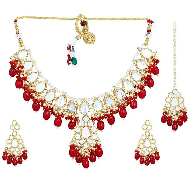 Estele Gold Plated Dazzling Gehena Necklace Set & Maang Tikka With Ruby Beads For Women : PJ-037-IGRBNKERTK