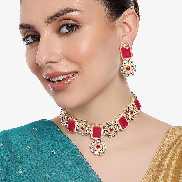 Estele Gold Plated Fascinating Designer Gehena Necklace Set With Ruby Stone For Women : PJ-026-IGRBNKER