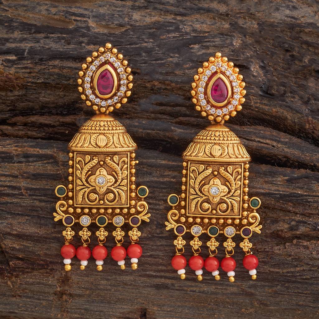 Ruby-Green Gold-Plated Ethnic Antique Drops-433485 : 433485