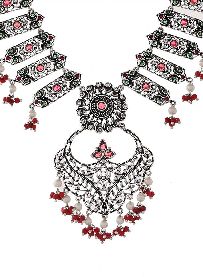 Abharan White And Red Stones And Pearls Opulent Jewellery Set : 8905124493801