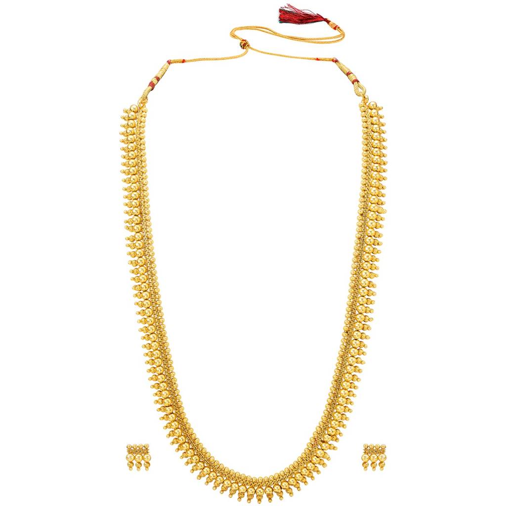 Traditional Gold Plated Long Maharani Haar Necklace With Earrings South Indian Style Jewellery Set For Women : PF04BRLS7184