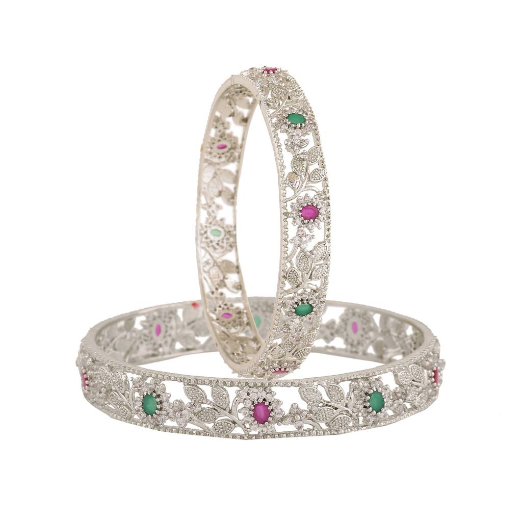 Estele Rhodium Plated Cz Flower Designer Bangles With Pink & Green Stones For Women : AD-001-IRBANGLE
