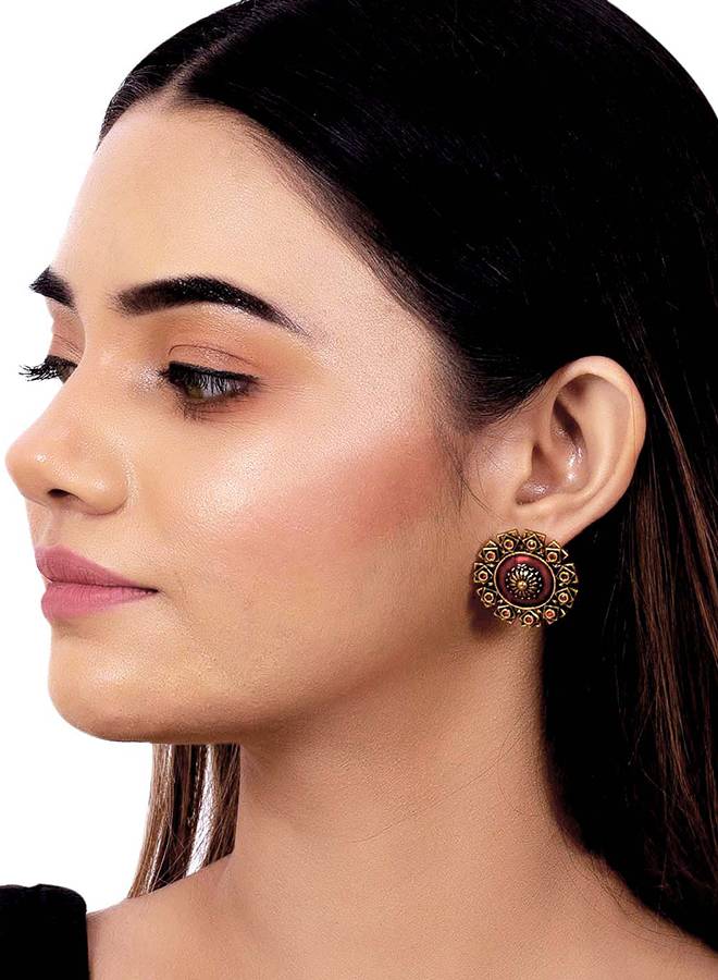 Arabian Nights Antique Golden Brass Stud Earrings-Vmjai80117 : 8905124424355