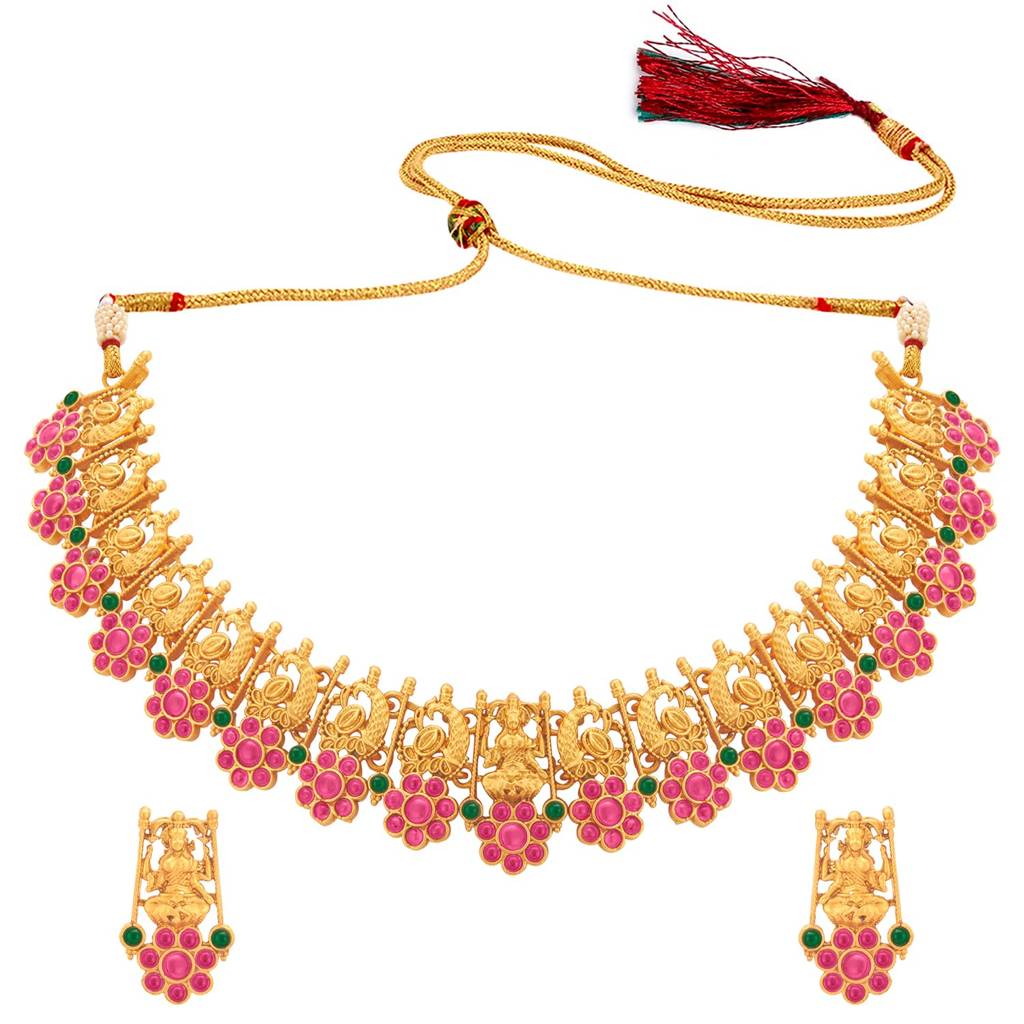 Gold Plated Traditional Temple Jewellery Goddess Laxmi Choker Necklace With Drop Earrings For Women Girls : PF10N05RG