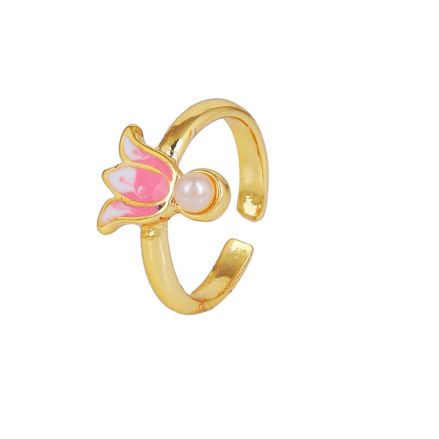 Estele Gold Plated Pink Enamel Lotus Designer Stylish Adjustable Finger Ring With Pearl For Girl'S & Women : AD-140-IGRING