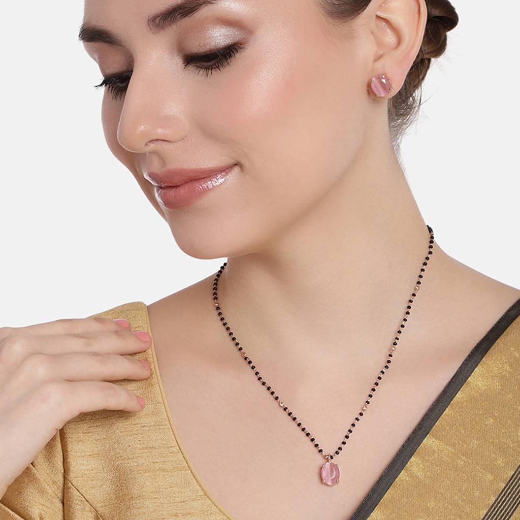 Estele Rose Gold Plated Cz Elegant Mangalsutra Necklace Set With Mint Pink Stones For Women : ADMS040-RGMPNKER
