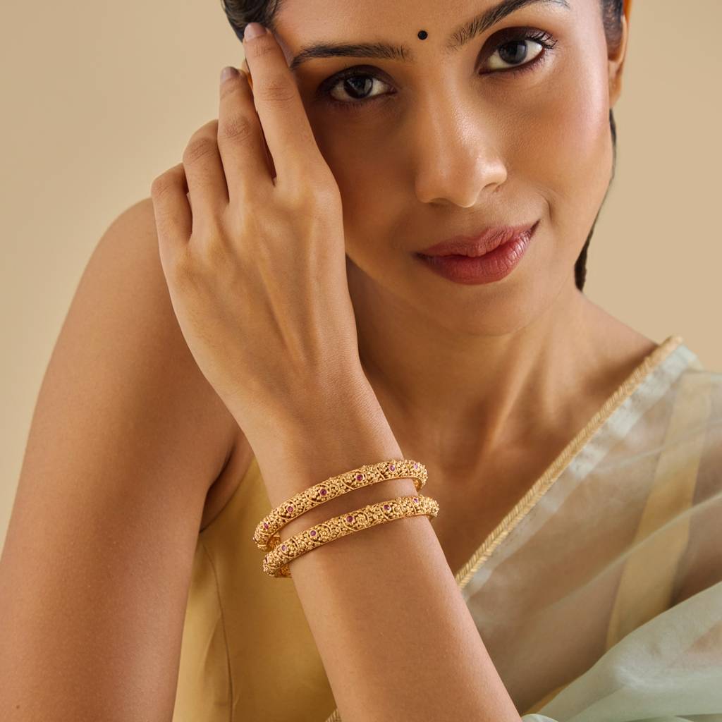 Kushal'S Fashion Jewellery Ruby Gold-Plated Ethnic Antique Bangle-176361 : 422639