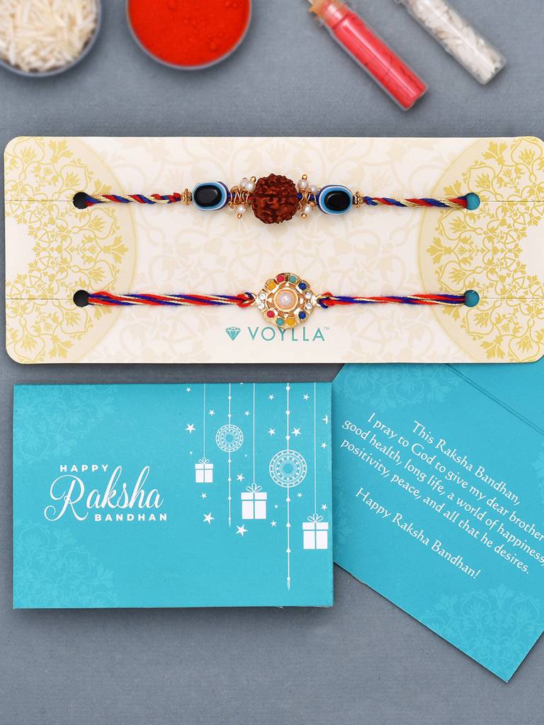 Set Of 2 Colorful Stones Studded Graceful Rakhi And Pearl Beaded Rakhi Embellished With Rudraksh : 8905124462043