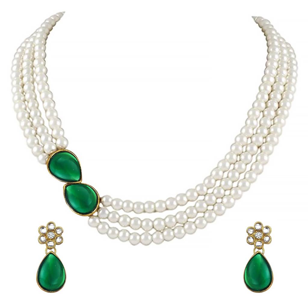 Pearl Mala Necklace & Earrings For Women Girls Traditional Ethnic Jewellery Set-Pf26N1145 : PF26N1145G