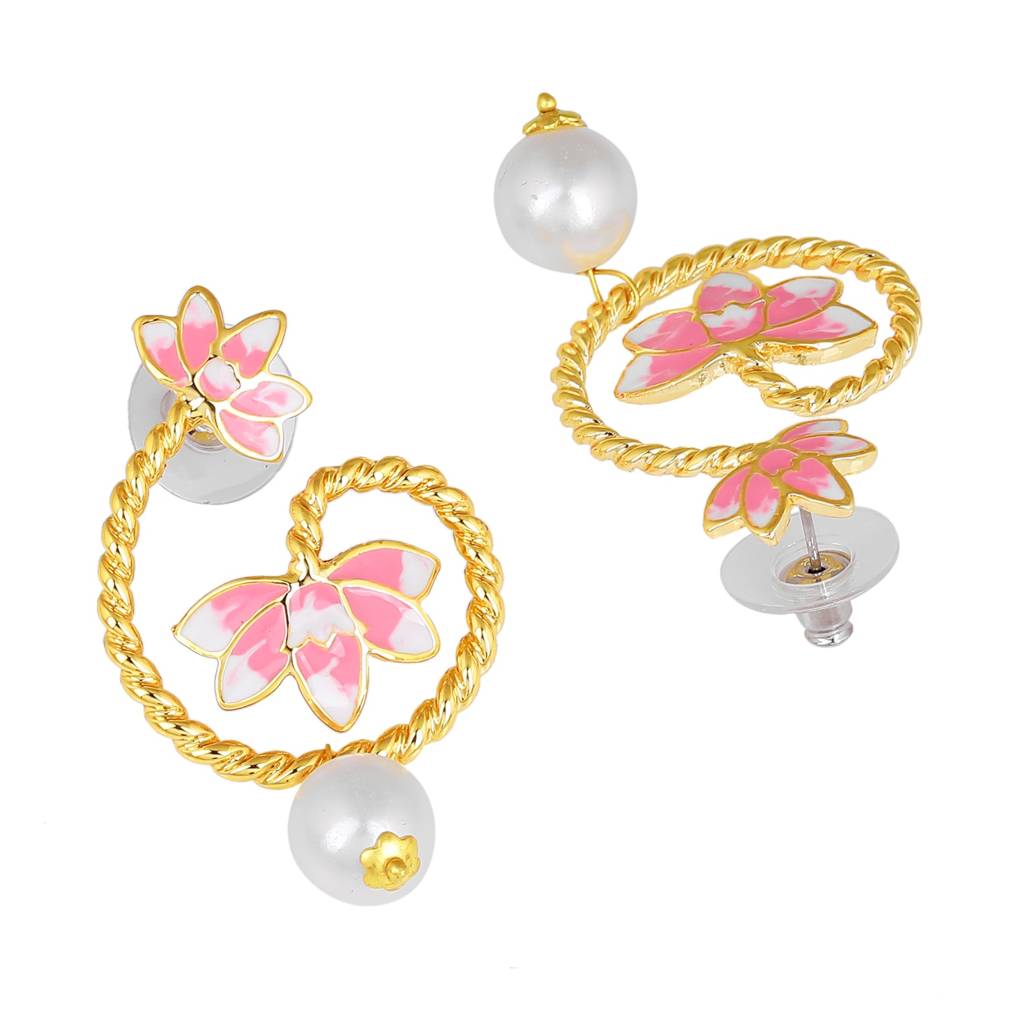 Estele Gold Plated Pink Enamel Lotus Designer Pearl Drop Earrings For Girl'S & Women : 799705-IGER