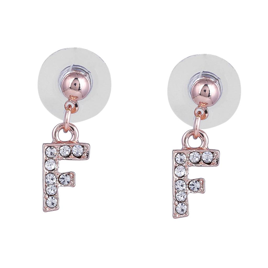 Estele Rosegold Plated Magnificent Medium 'F' Letter Earrings With Crystals For Women : 801701-RG-FER