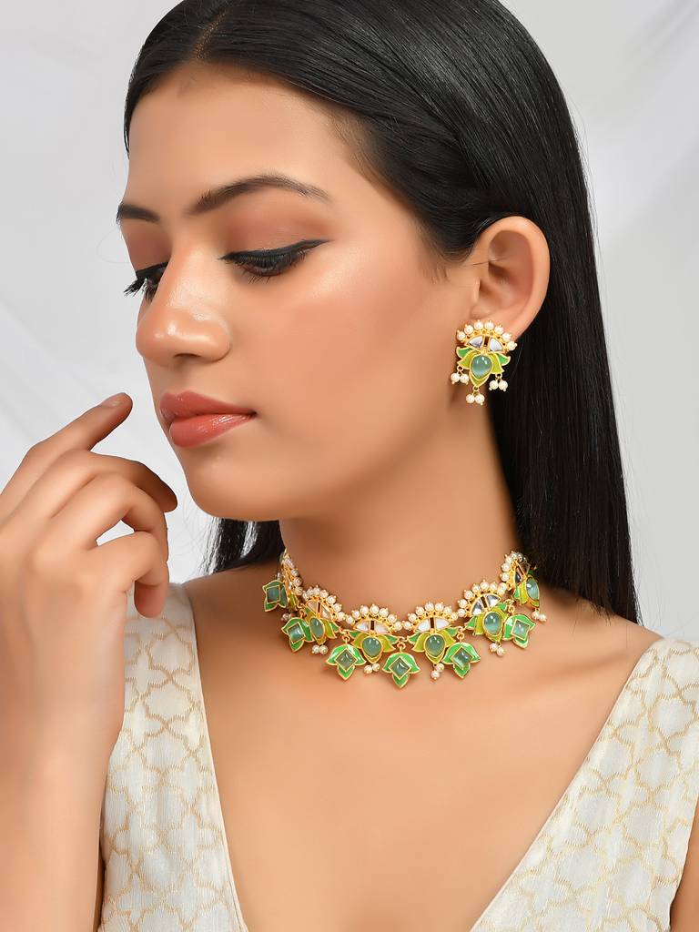 Forever More Green Stones And Pearls Enamelled Jewellery Set : 8905124498233