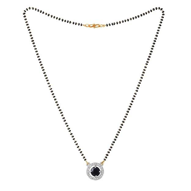 Gold & Rhodium Plated Sleek & Regal Circular Pendant Mangalsutra Chain With Black Beads & Crystal For Wom : OSAKMS013-2TNBKNK