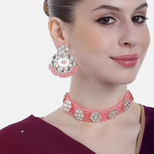 Estele Gold Plated Elegant Gehena Necklace Set With Mint Pink Beads For Women : PJ-027-IGMPNKER