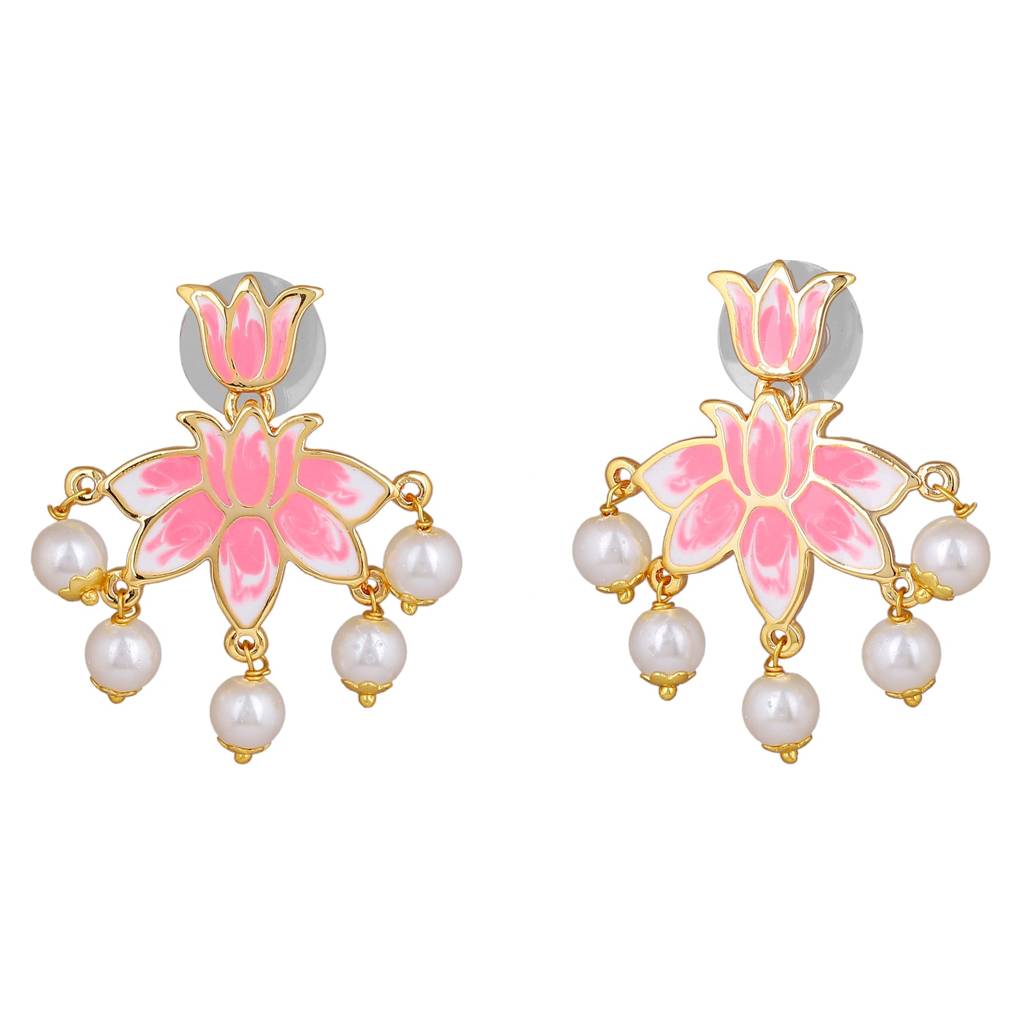 Estele Gold Plated Lotus Designer Dazzling Pearl Drop Earrings With Pink Enamel For Girl'S & Women : 10191-IGER