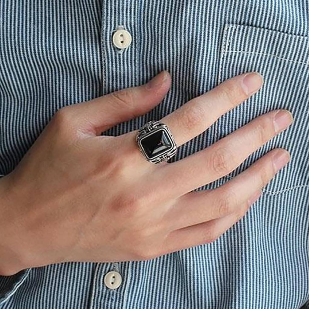 Silver Plated Black Stone Studded Adjustable Finger Ring Stylish Fashion Jewellery Gift For Men Boys : PX9R86