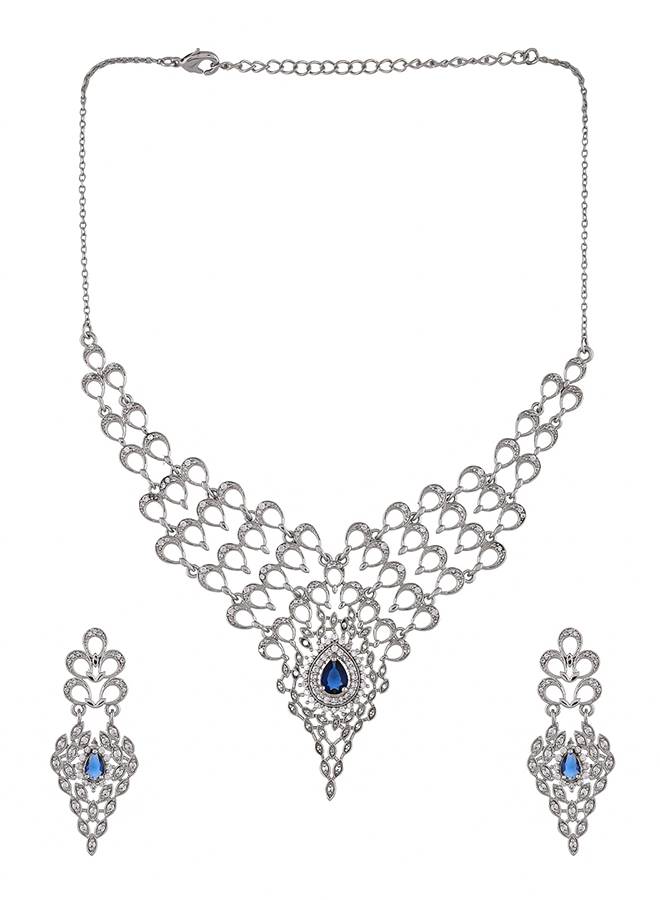Peacock Royal Blue And White Cz Cutwork Design Waterfall Jewellery Set : 8905124514759