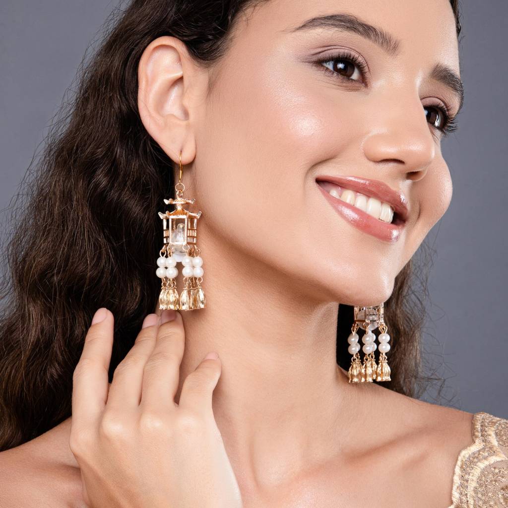 Traditional Lantern Pearl Tassel Earrings : ES12653