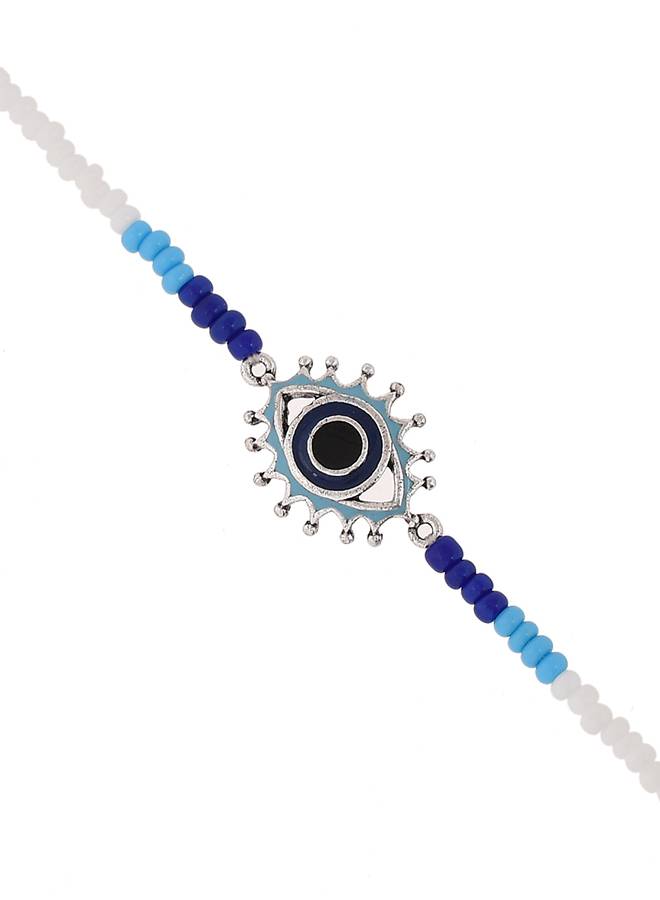 Evil Eye Silver Oxidized Motif With Blue-White Beads Chain Anklet : 8905124479201