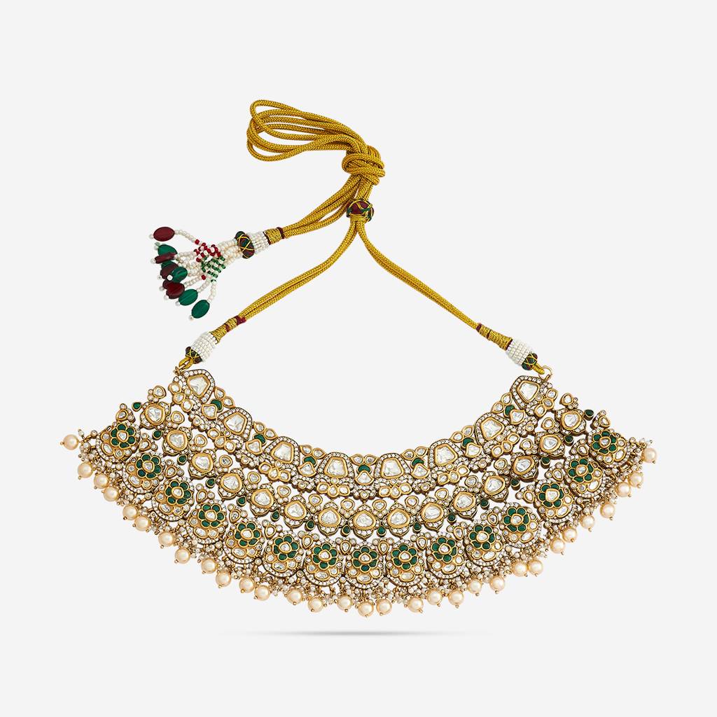 Green  Plated Ethnic Kundan Necklace Set-442155 : 442155