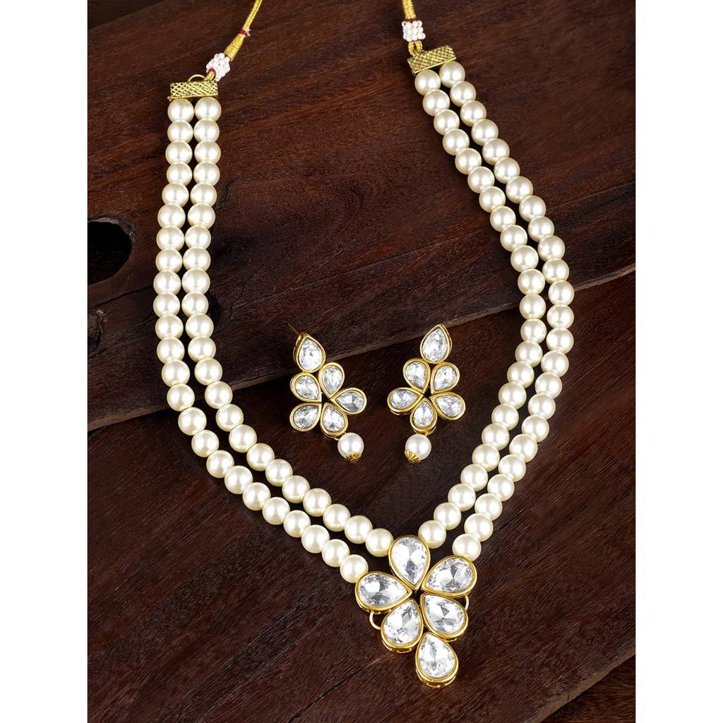 Crystal Faux Pearl Long Necklace With Drop Earrings Traditional Ethnic Jewellery Set For Women Girls-Pf24N184 : PF24N184W