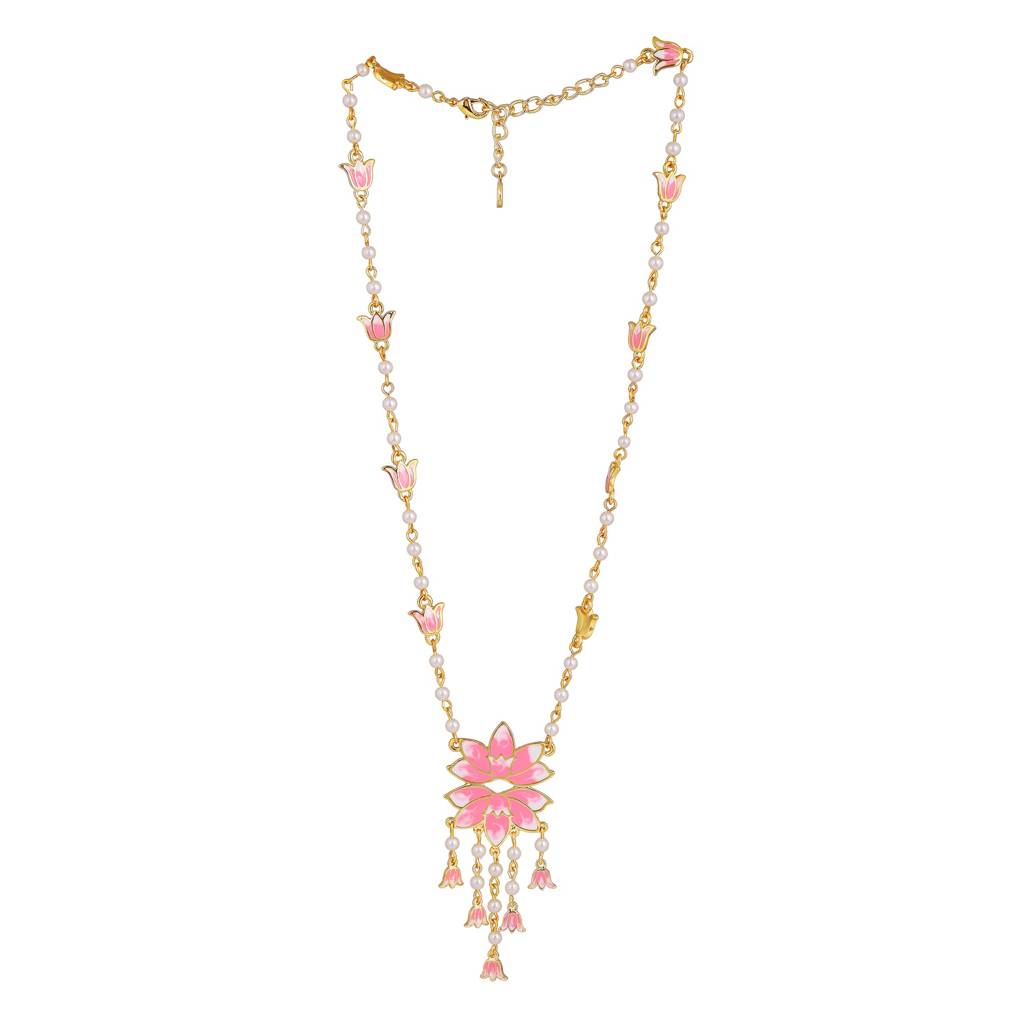 Estele Gold Plated Enchanting Lotus Designer Pearl Necklace Set With Pink Enamel For Girl'S & Women : 10193-IGNKER