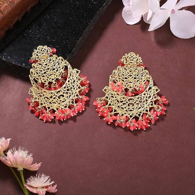 Estele Gold Plated Trellis Gehena Chandbali Earrings With Mint Pink Beads For Women : PJ-007-IGMPER