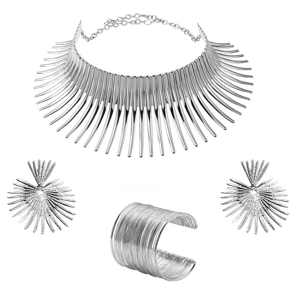 Silver Plated Classic Choker Necklace Dangle Earrings & Cuff Bracelet Statement Fashion Jewellery Set For Women : PX8PS39S