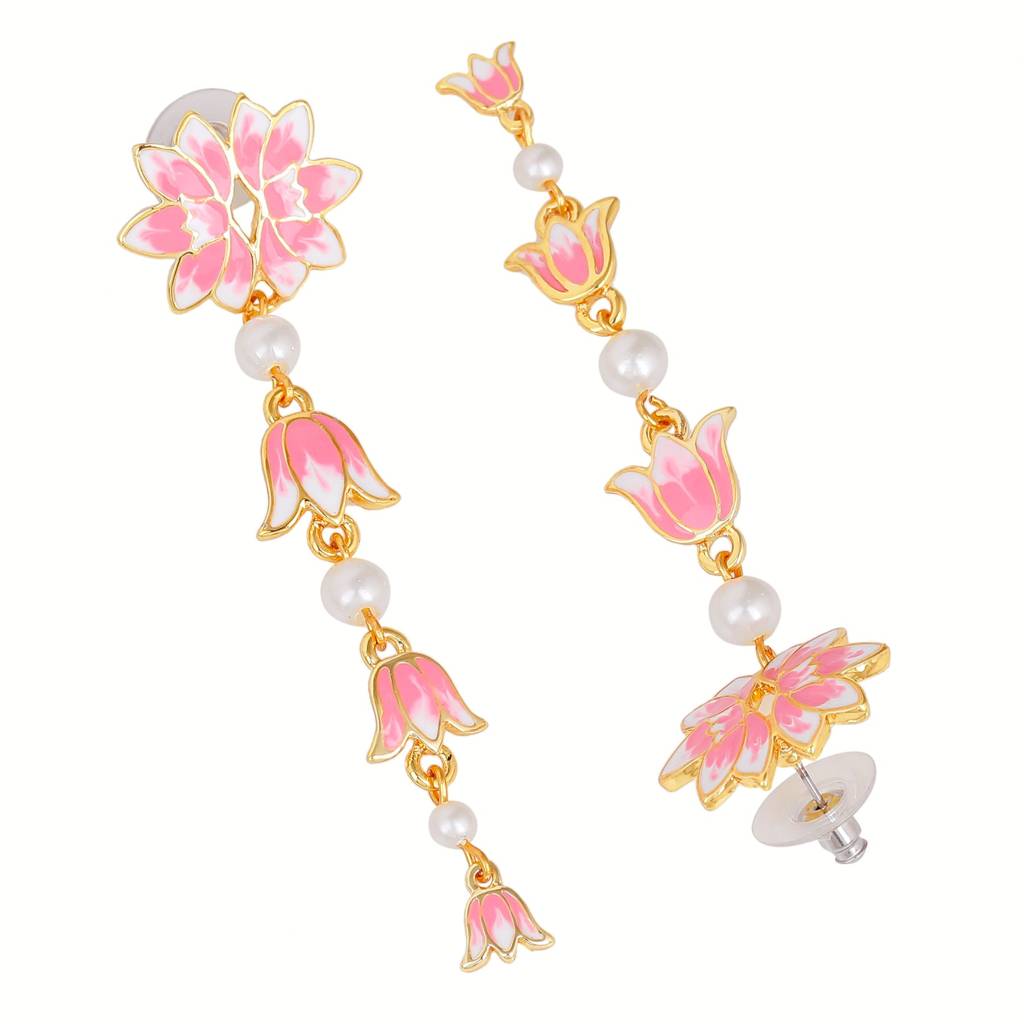 Estele Gold Plated Pink Enamel Lotus Designer Pearl Beaded Dangler Earrings For Girl'S & Women : 799708-IGER