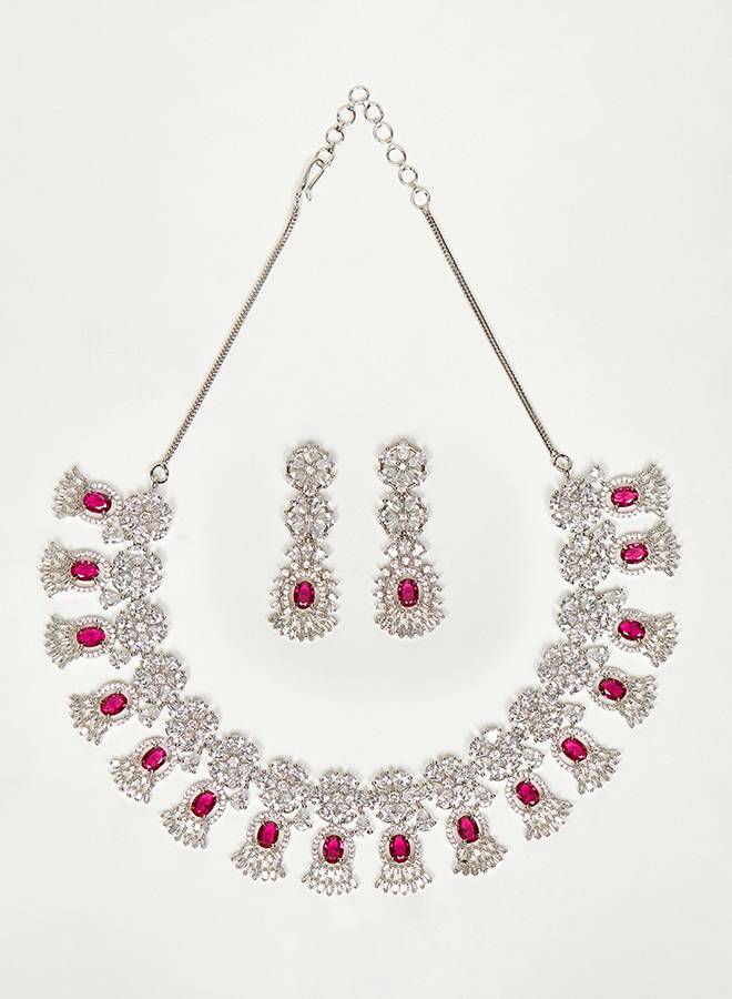 Cz Elegance Red And White Gems Necklace Set : 8905124459203