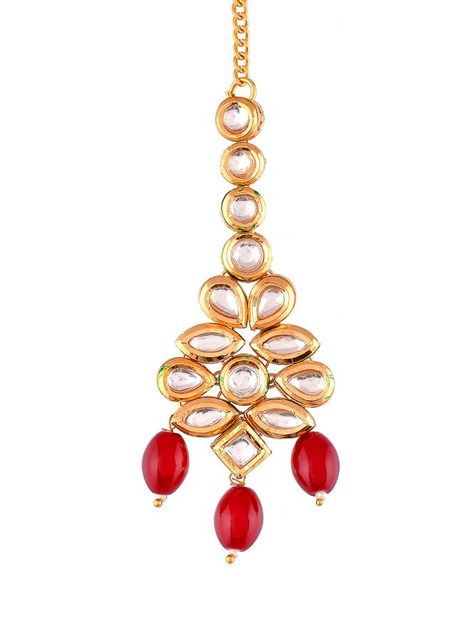 Kundan Elegance Red Beads And Faux Kundan Opulent Maang Tika Set : 8905124504170