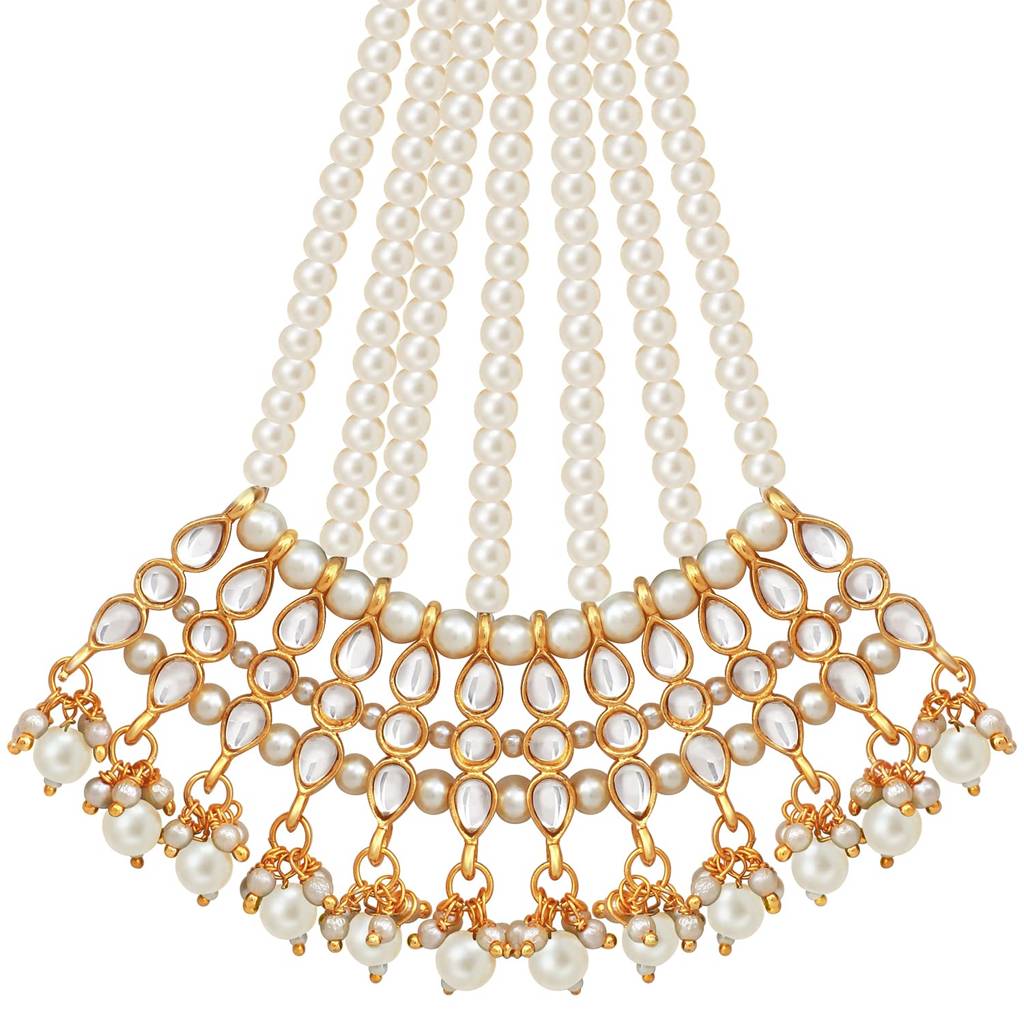 Gold-Plated & White Kundan Pearl Studded & Beaded Jhumar Passa Womens Jewellery : PF28TK606W