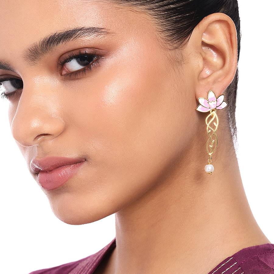 Estele Gold Plated Lotus Flower & Leaf Shaped Pearl Drop Earrings With Pink Enamel For Girl'S & Women : 10197-IGER