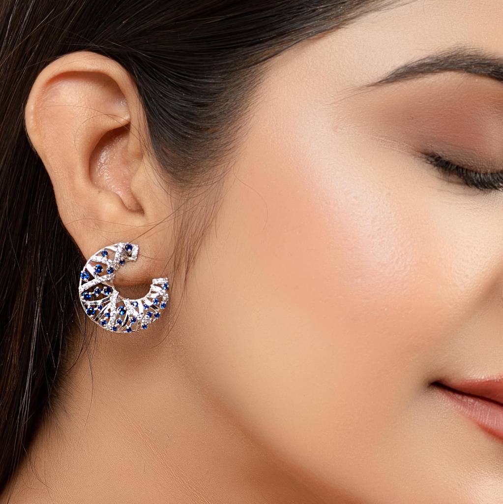 925 Silver Blue Sapphire Hoop Earrings | Diamond Accent Gift : SE_000882