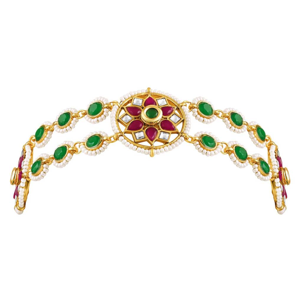 Gold Plated Rani Pink Green Synthetic Stone & Beads Studded Sheeshphool Matha Patti Sheeshpatti Hair Ethnic Jewe : PF104T05RPG