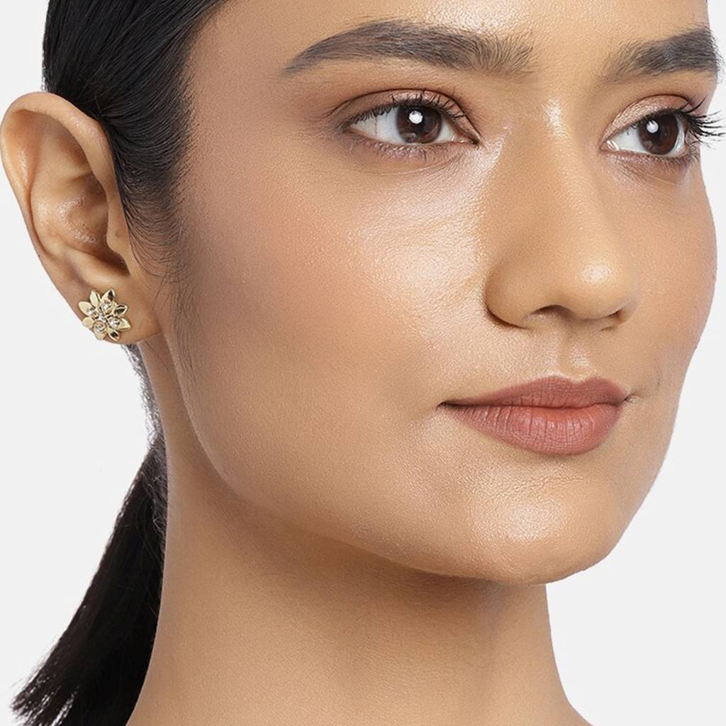 Estele Gold Plated Flower Stud Earrings With Crystals For Women : 659702ER