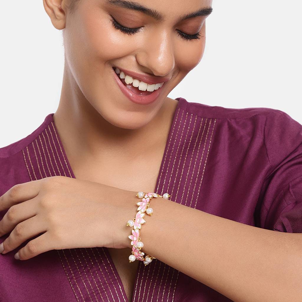 Estele Gold Plated Pink Enamel Lotus Designer Charismatic Pearl Drop Cuff Bracelet For Girl'S & Women : AD-060-IGBR