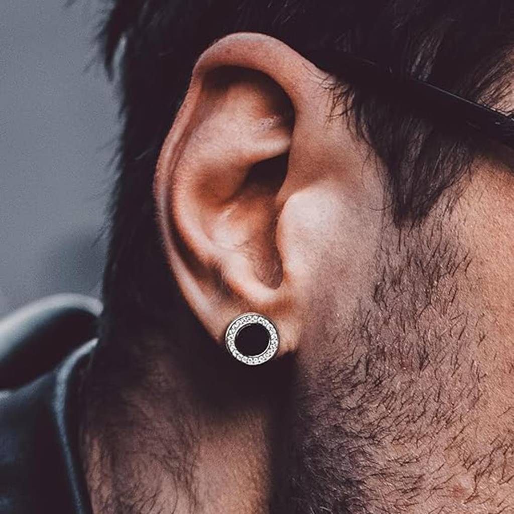 Silver Plated Cubic Zirconia & Black Stone Studded Fancy Stud Earrings Fashion Jewellery For Men & Women : PX8E254