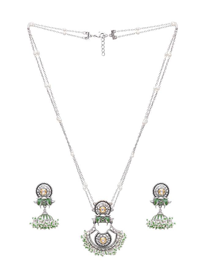 Festive Hues Green Enamel Faux Pearls Adorned Brass Silver Plated Jewellery Set : 8905124466478