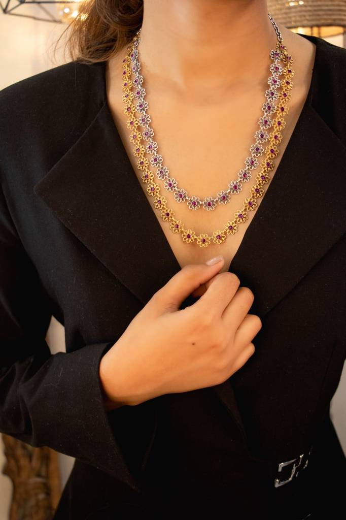 Tattva Layered Dual Tone Flower Sequence Necklace : SN203055