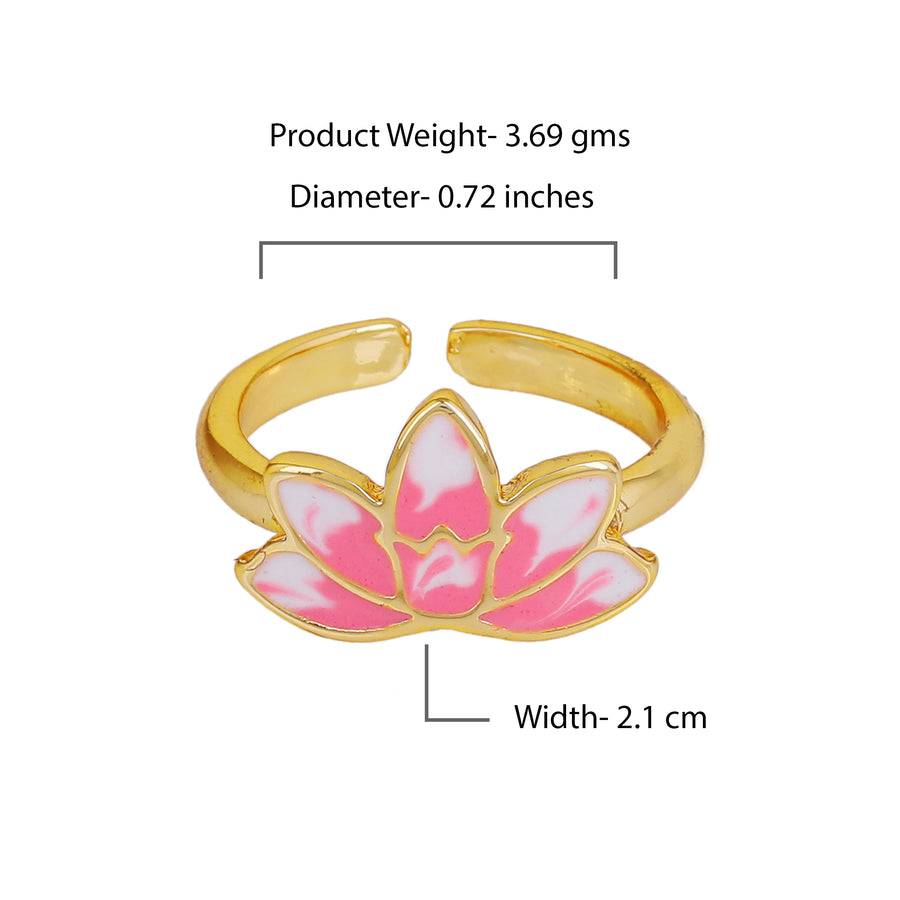 Estele Gold Plated Pink Enamel Lotus Designer Stylish Adjustable Finger Ring For Girl'S & Women. : AD-142-IGRING
