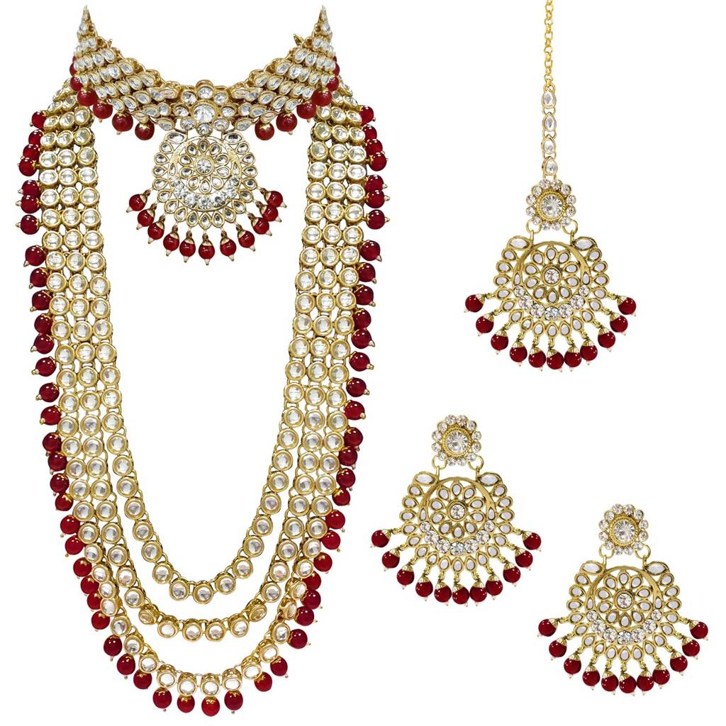 Gold Plated Kundan Faux Bead Bridal Long Necklace Choker Earrings Maangtikka Jewellery Set For Women Girls-Pf25Br : PF25BR106M