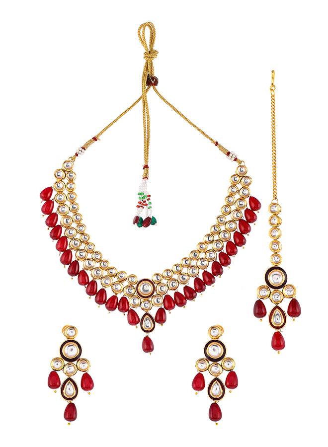 Kundan Elegance Round Cut Gems Beaded Maang Tika Set : 8905124477139