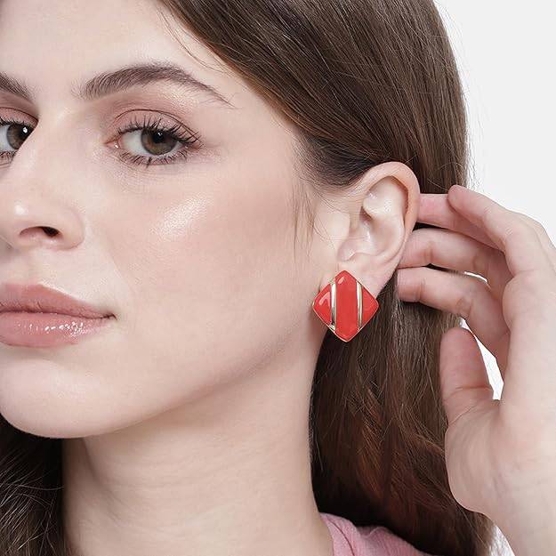 Estele Gold Plated Red Enamel Square Studs For Women : 671709GT-RDER