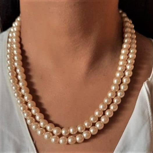 Estele Gold Plated Elegant & Refined Double Line Creamy Pearl Necklace For Women : 9969-IG-NKNK