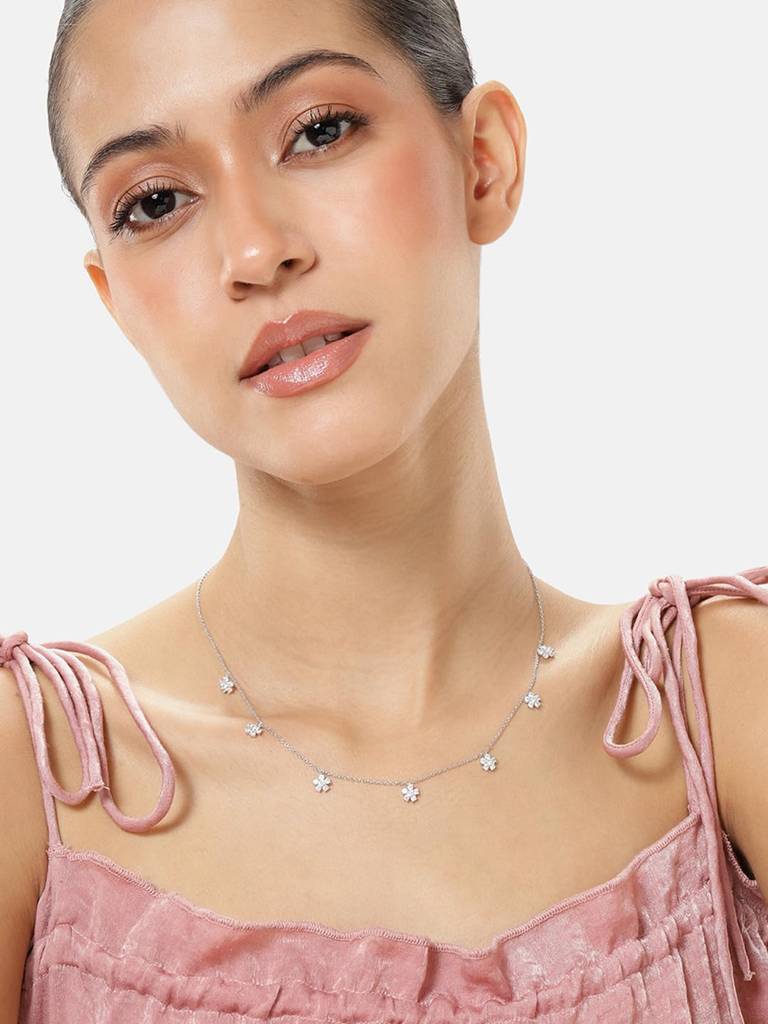 925 Sterling Silver Cubic Zirconia Studded Rhodium Plated Classic Pendant Chain Necklace Fine Jewellery Gift For  : PF18CP154S