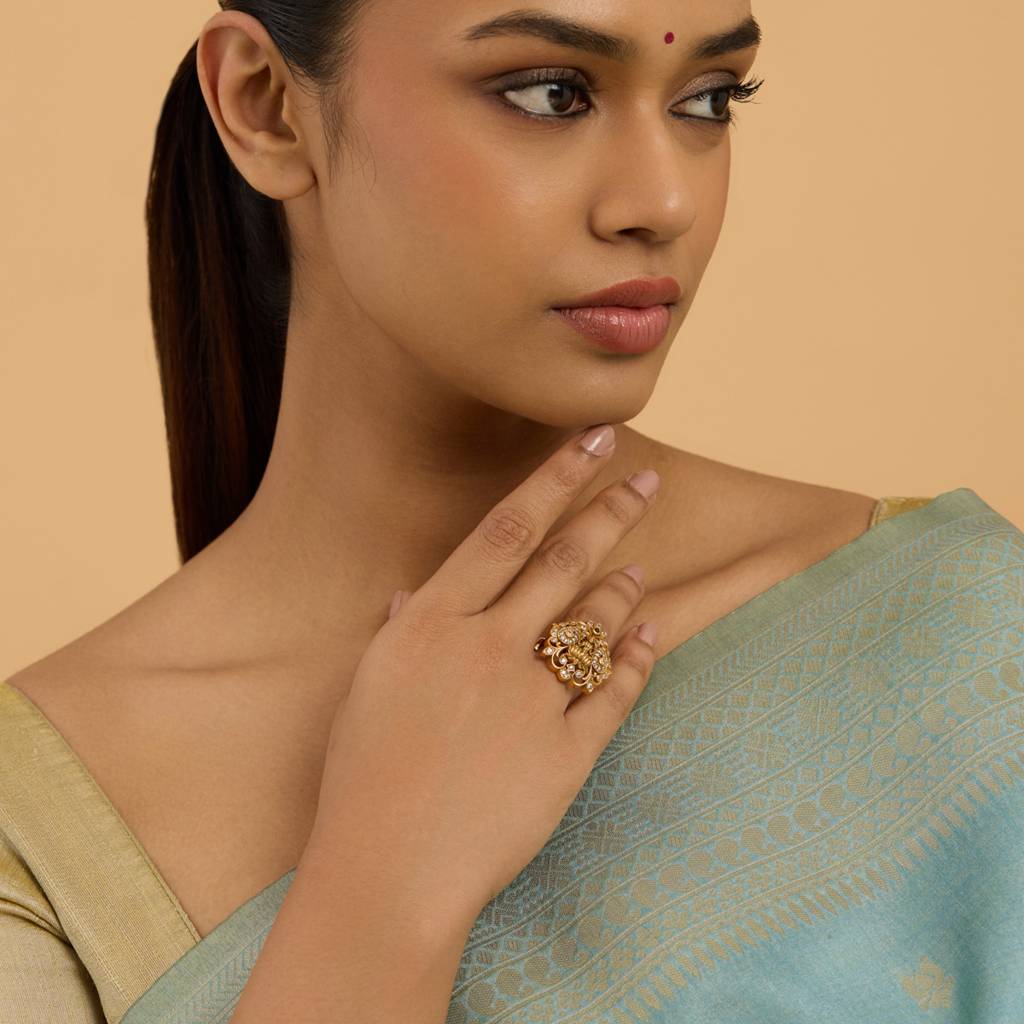 Kushal'S Fashion Jewellery Gold-Plated 92.5 Sterling Silver Cz Studded Temple Finger Ring : 426730